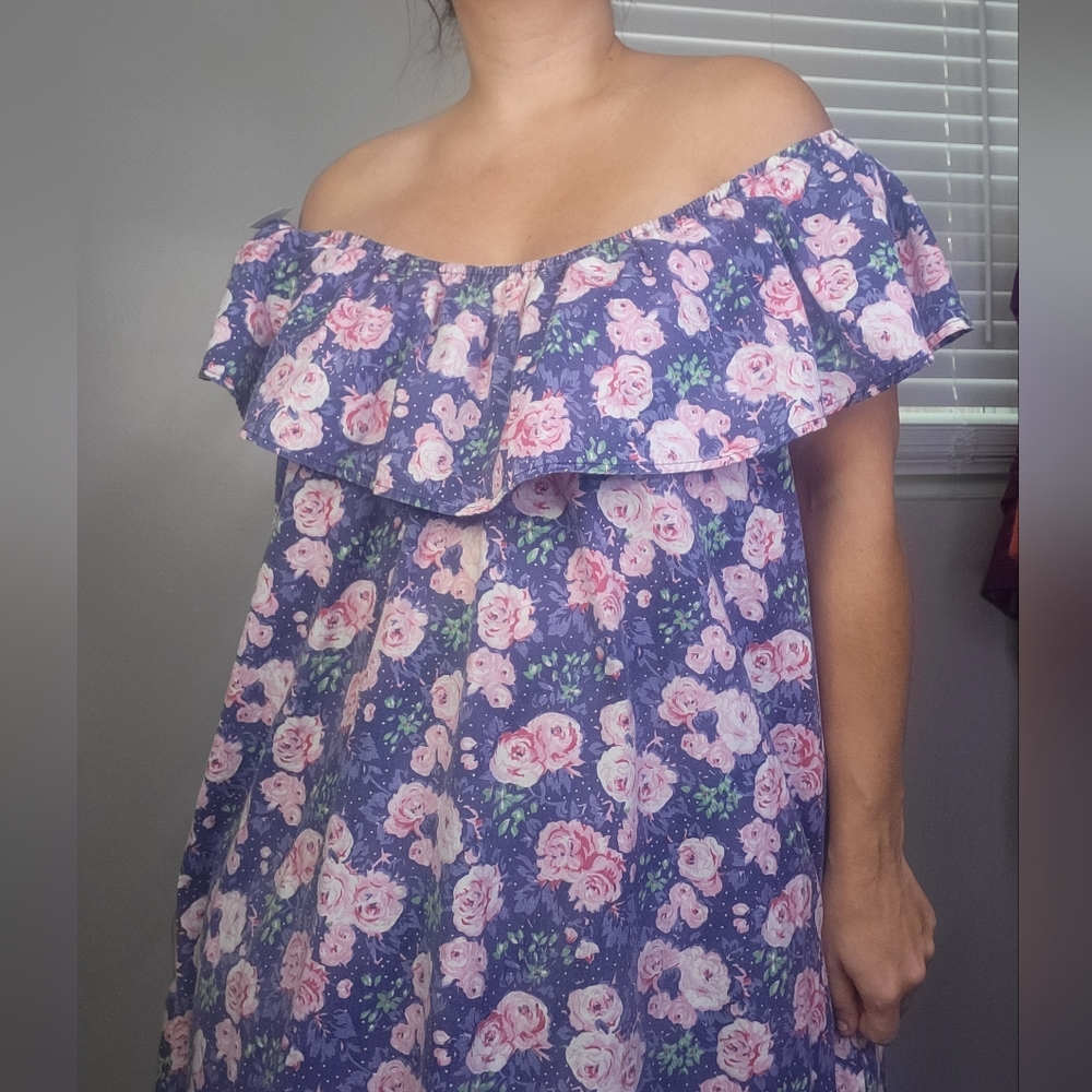 Vintage 70s Off The Shoulder Cabbage Rose Floral Dress - Picture 9 of 12